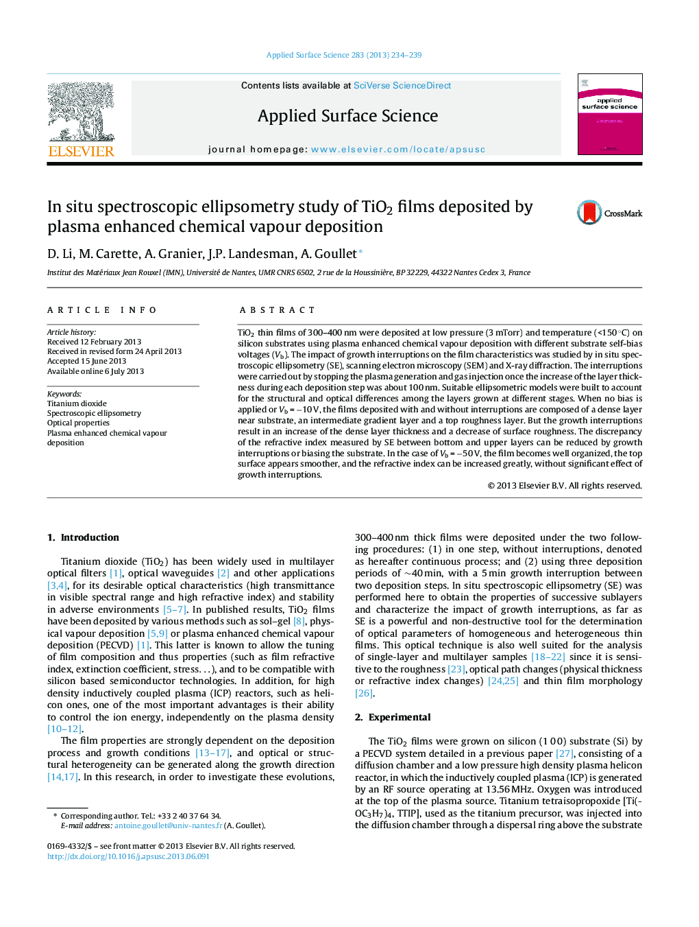 In situ spectroscopic ellipsometry study of TiO2 films deposited by plasma enhanced chemical vapour deposition