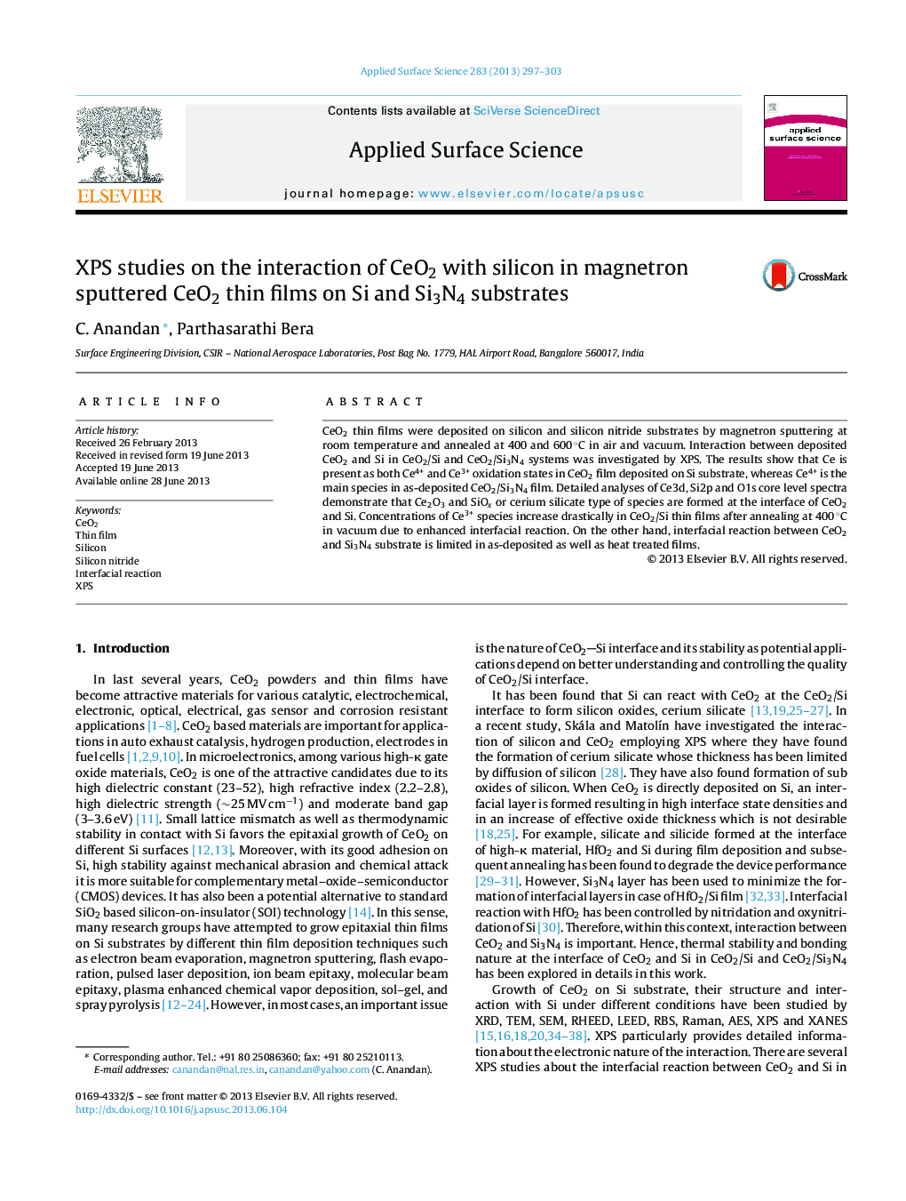 XPS studies on the interaction of CeO2 with silicon in magnetron sputtered CeO2 thin films on Si and Si3N4 substrates