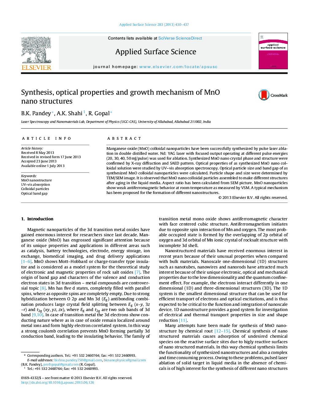 Synthesis, optical properties and growth mechanism of MnO nano structures