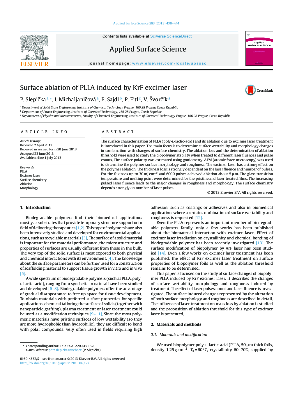 Surface ablation of PLLA induced by KrF excimer laser