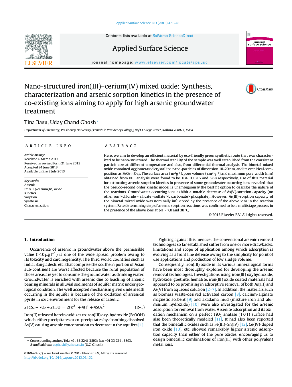 Nano-structured iron(III)-cerium(IV) mixed oxide: Synthesis, characterization and arsenic sorption kinetics in the presence of co-existing ions aiming to apply for high arsenic groundwater treatment