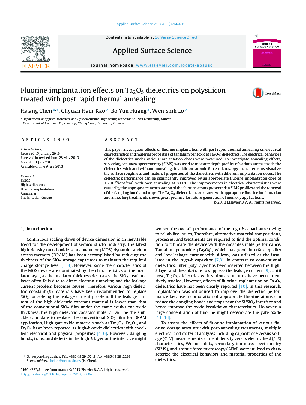 Fluorine implantation effects on Ta2O5 dielectrics on polysilicon treated with post rapid thermal annealing