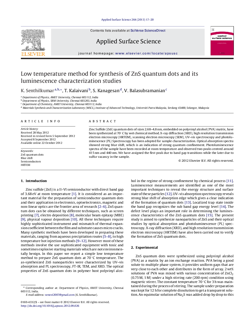 RETRACTED: Low temperature method for synthesis of ZnS quantum dots and its luminescence characterization studies