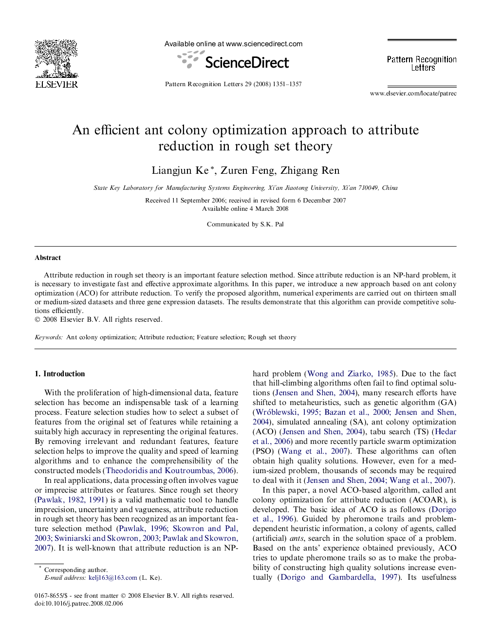 An efficient ant colony optimization approach to attribute reduction in rough set theory