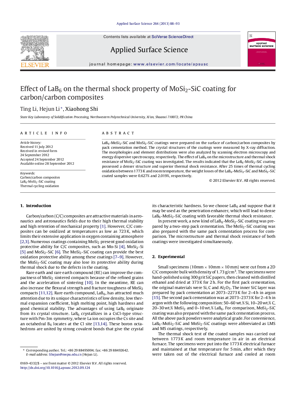 عکس صفحه اول مقاله: Effect of LaB6 on the thermal shock property of MoSi2-SiC coating for carbon/carbon composites Effect of LaB6 on the thermal shock property of MoSi2-SiC coating for carbon/carbon composites