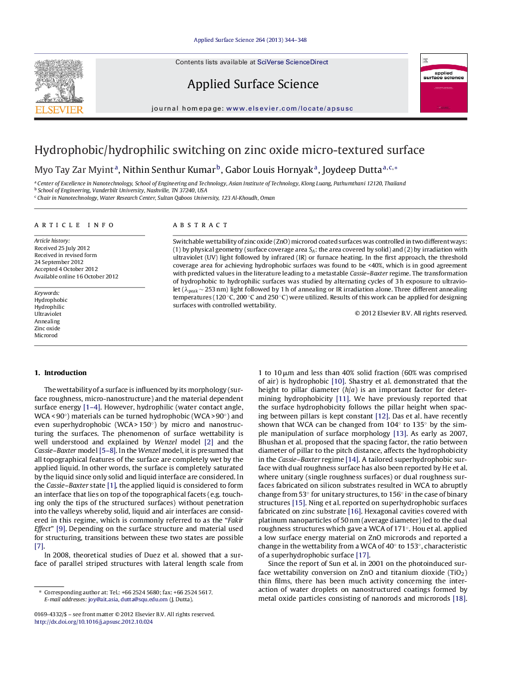 Hydrophobic/hydrophilic switching on zinc oxide micro-textured surface