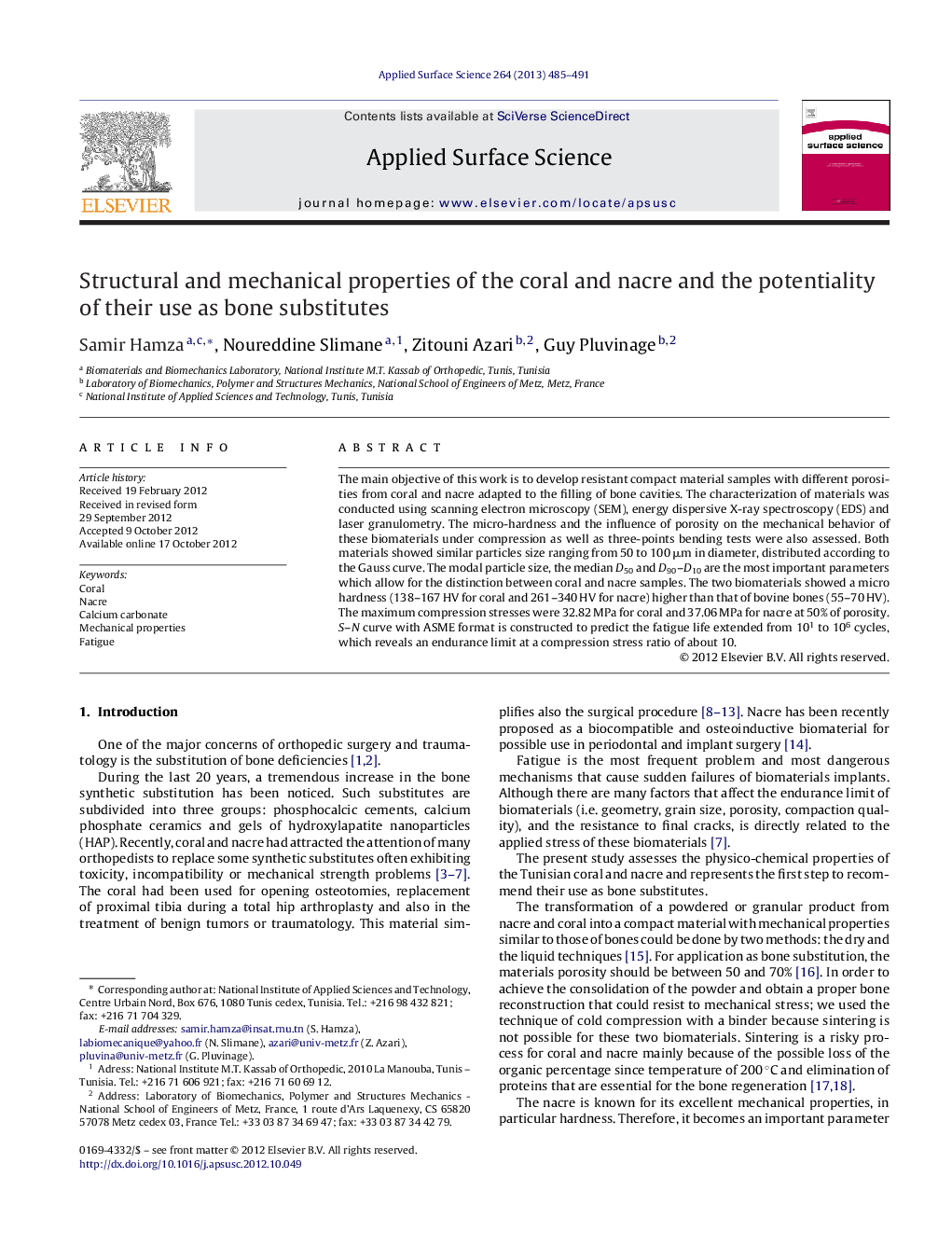 Structural and mechanical properties of the coral and nacre and the potentiality of their use as bone substitutes