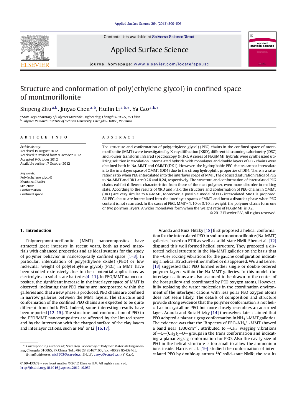 Structure and conformation of poly(ethylene glycol) in confined space of montmorillonite