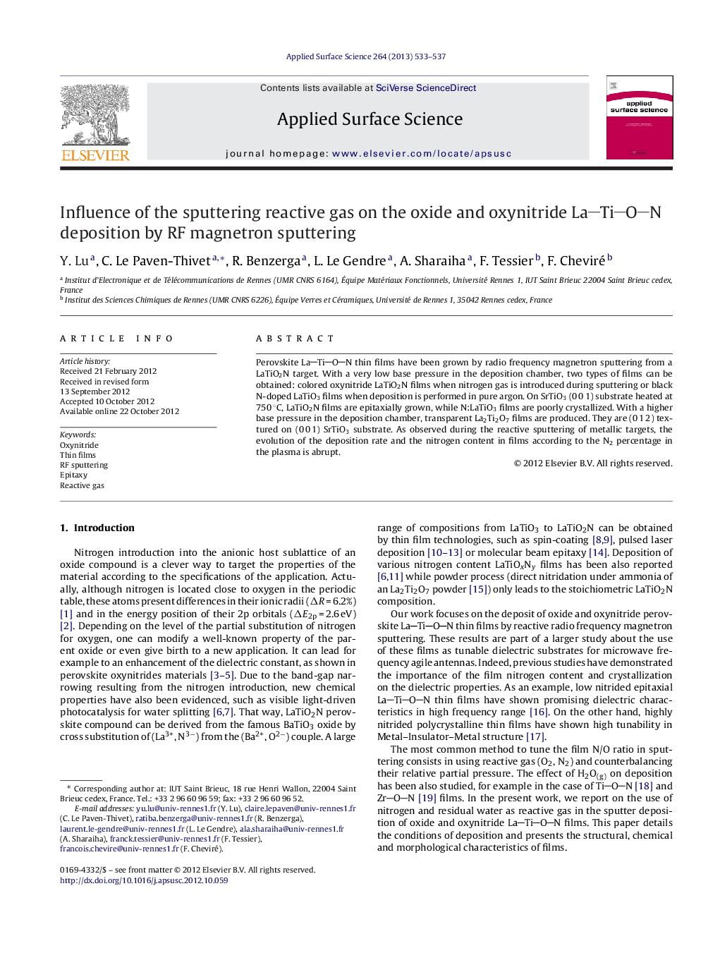 Influence of the sputtering reactive gas on the oxide and oxynitride LaTiON deposition by RF magnetron sputtering