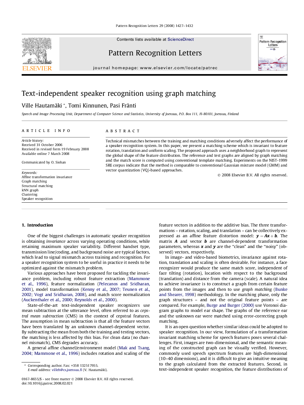 Text-independent speaker recognition using graph matching