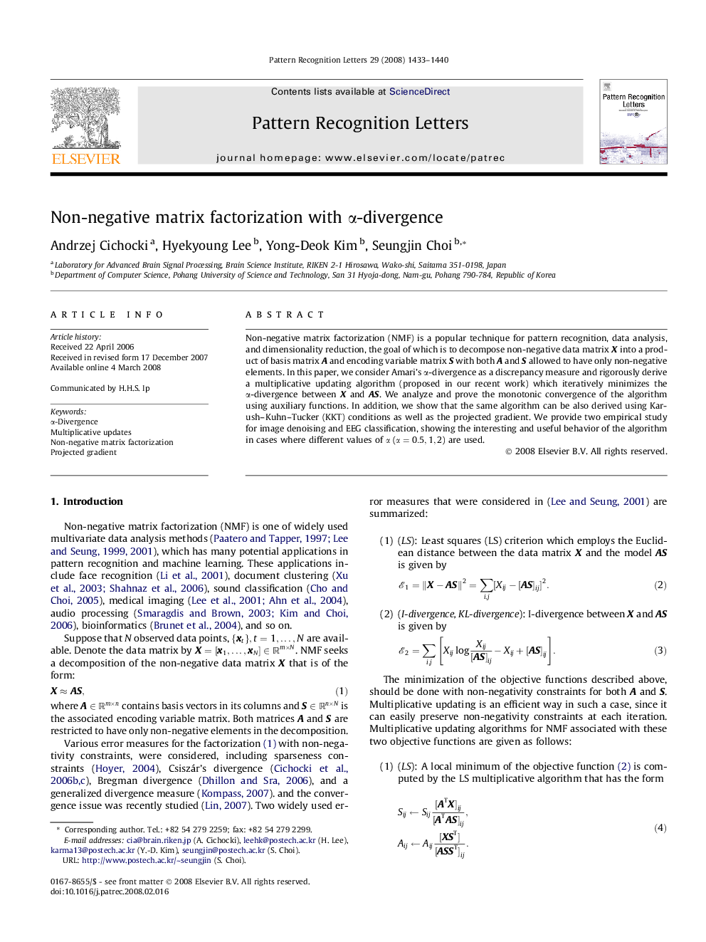 عکس صفحه اول مقاله: Non-negative matrix factorization with α-divergence Non-negative matrix factorization with α-divergence