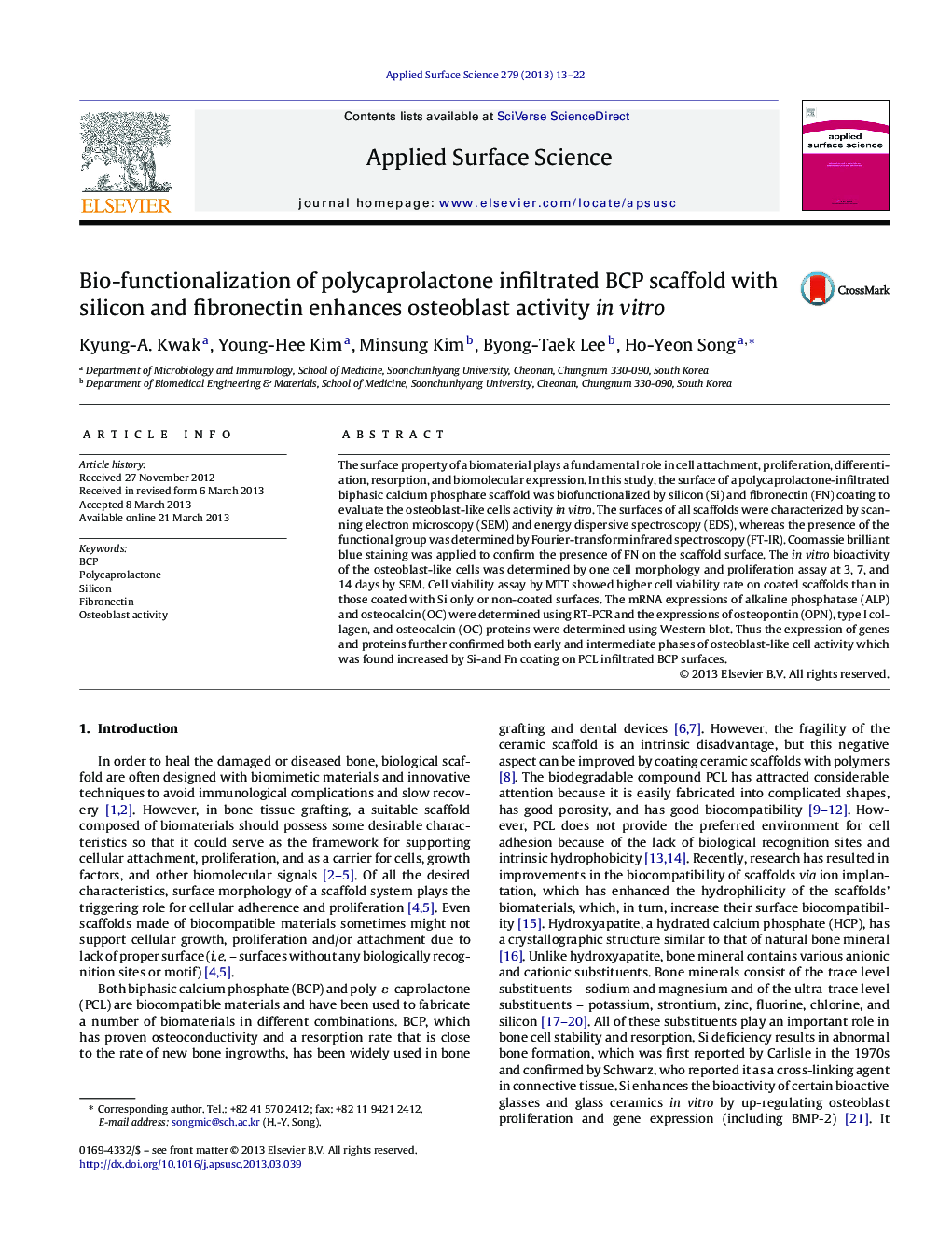 Bio-functionalization of polycaprolactone infiltrated BCP scaffold with silicon and fibronectin enhances osteoblast activity in vitro