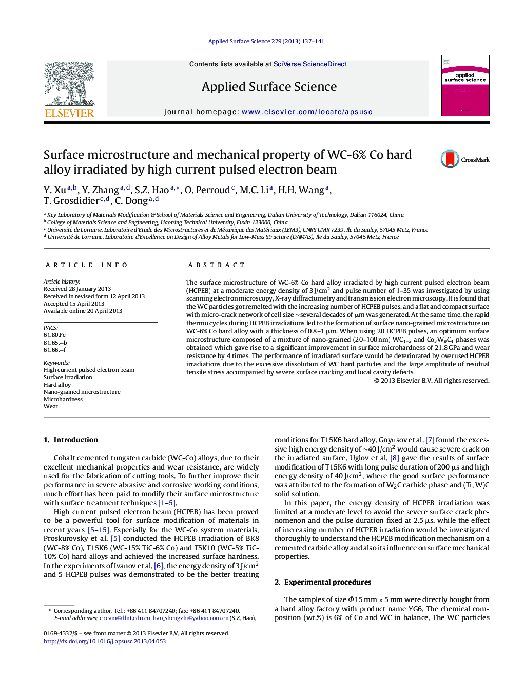 Surface microstructure and mechanical property of WC-6% Co hard alloy irradiated by high current pulsed electron beam