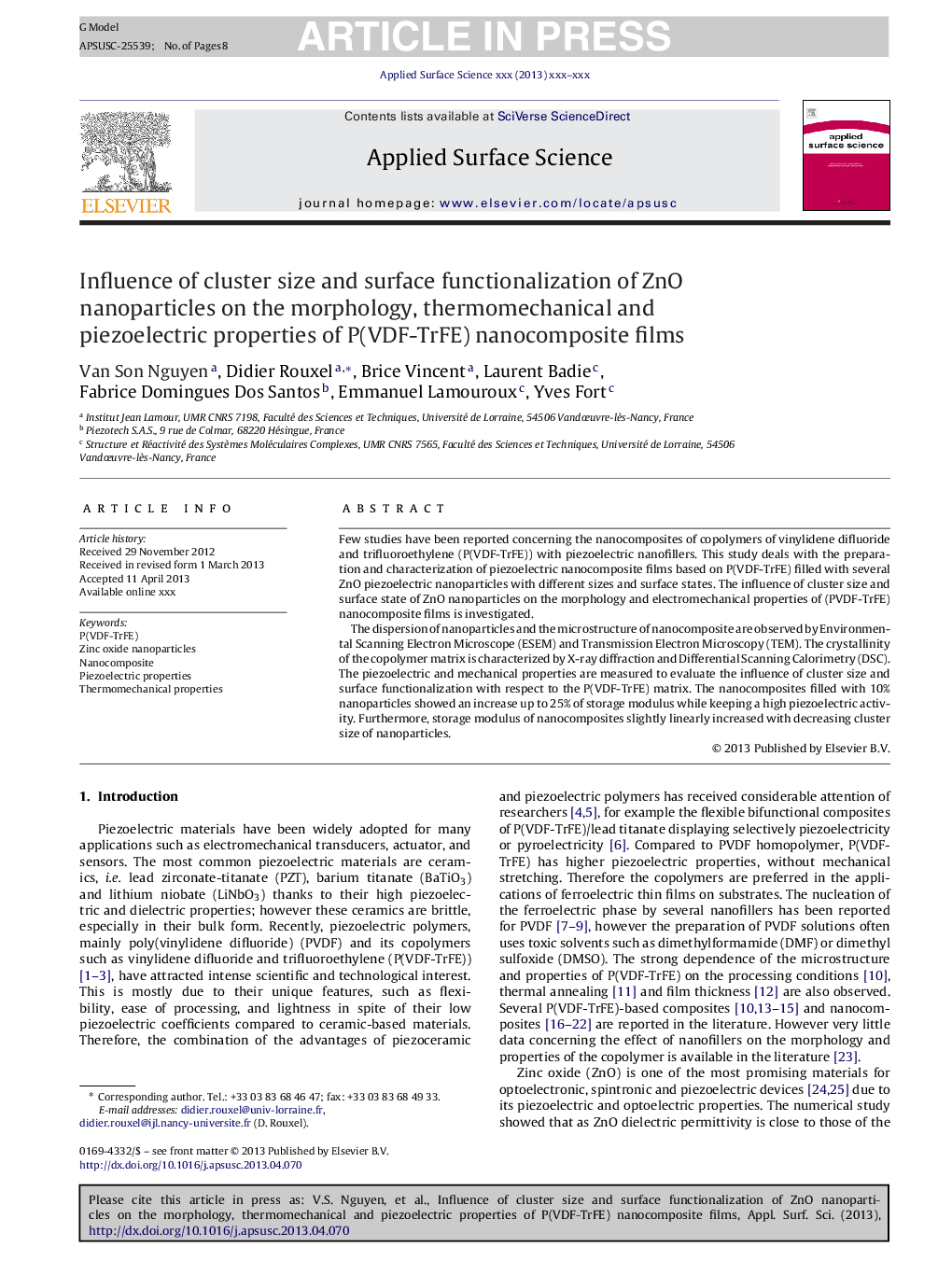 Influence of cluster size and surface functionalization of ZnO nanoparticles on the morphology, thermomechanical and piezoelectric properties of P(VDF-TrFE) nanocomposite films