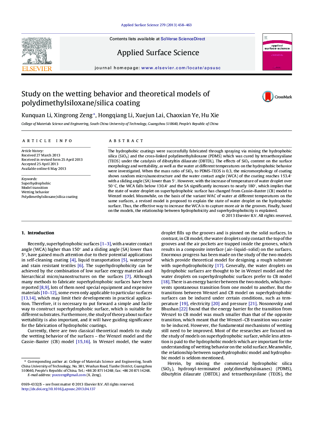 Study on the wetting behavior and theoretical models of polydimethylsiloxane/silica coating