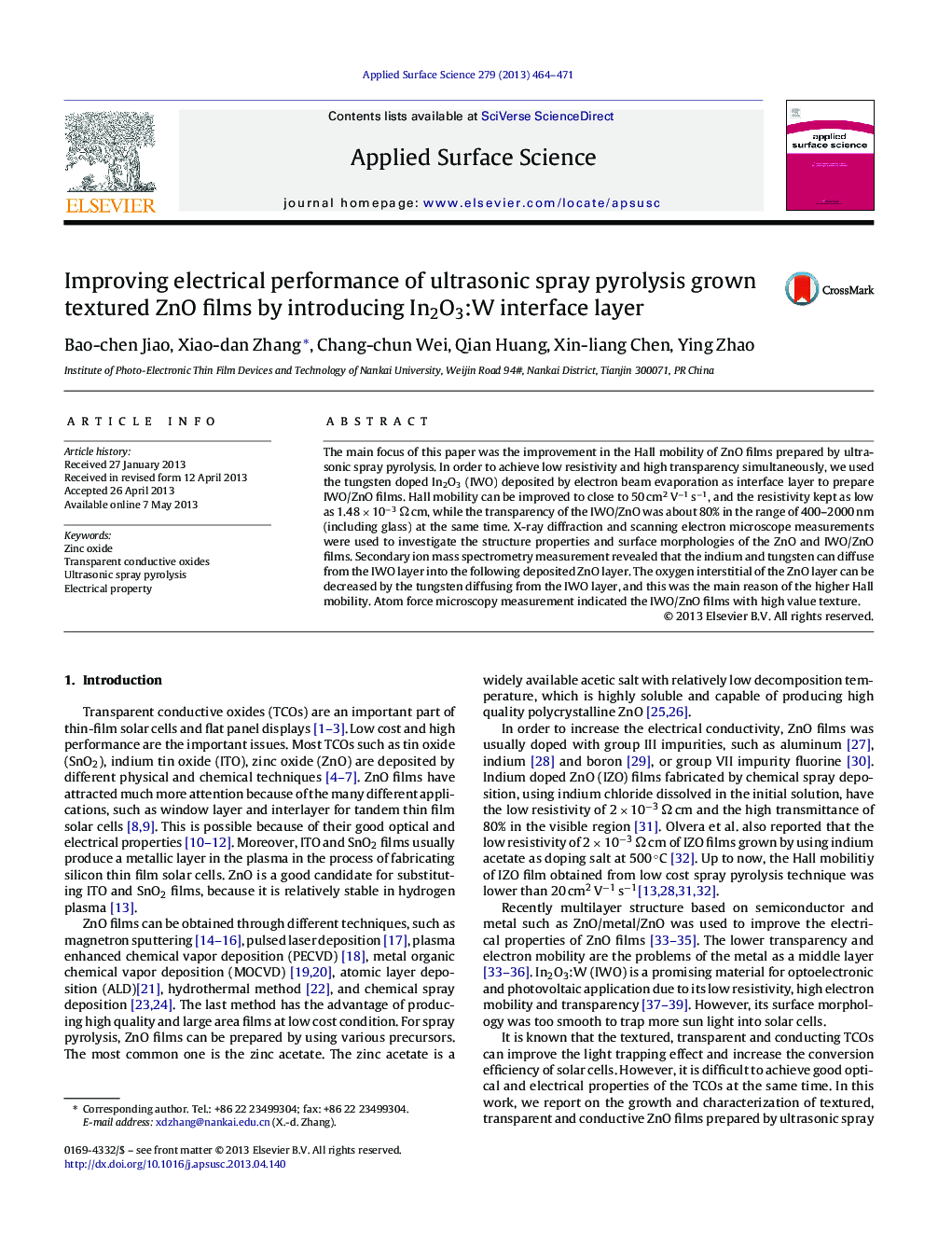 Improving electrical performance of ultrasonic spray pyrolysis grown textured ZnO films by introducing In2O3:W interface layer