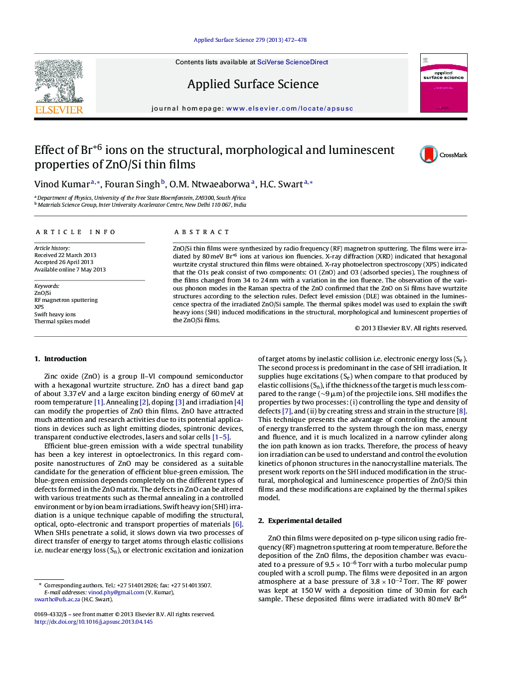 Effect of Br+6 ions on the structural, morphological and luminescent properties of ZnO/Si thin films