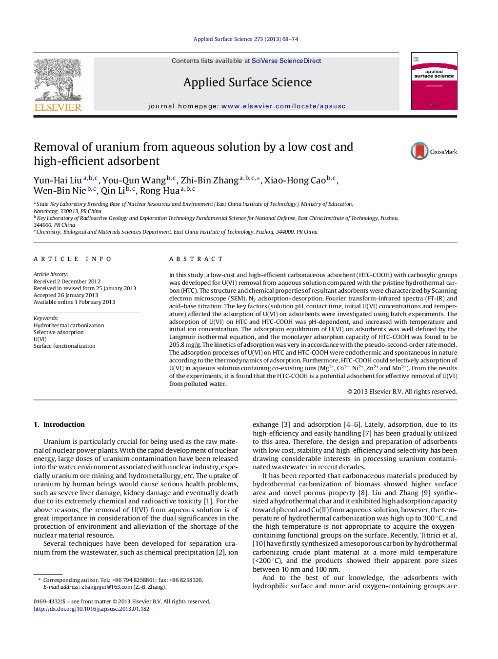 Removal of uranium from aqueous solution by a low cost and high-efficient adsorbent