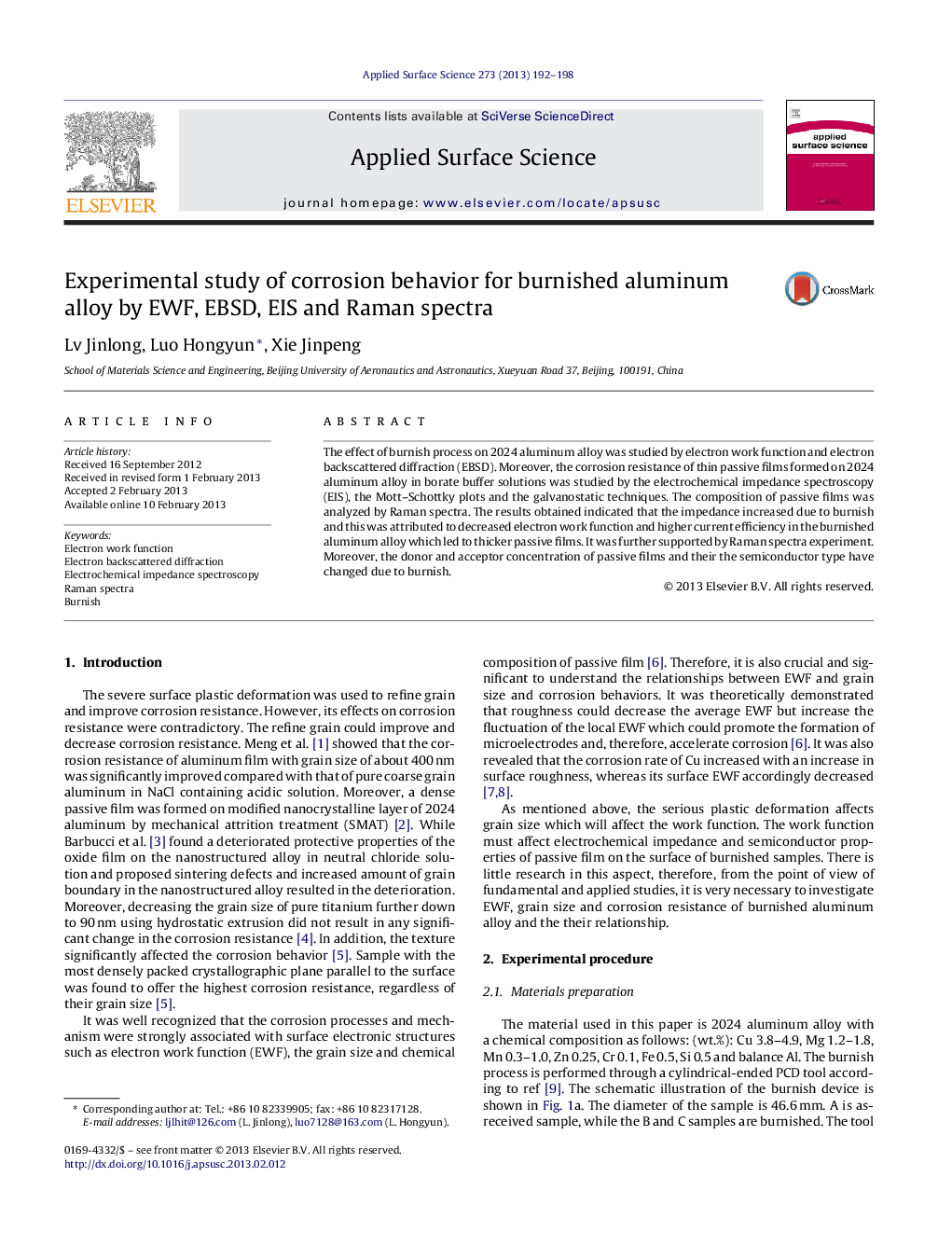 Experimental study of corrosion behavior for burnished aluminum alloy by EWF, EBSD, EIS and Raman spectra