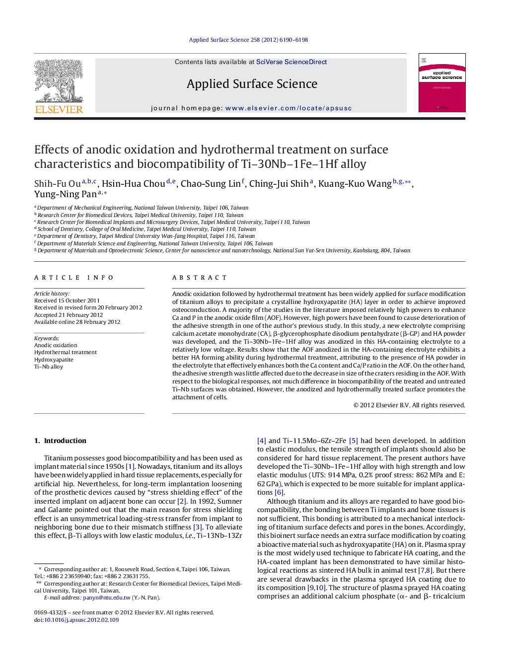 Effects of anodic oxidation and hydrothermal treatment on surface characteristics and biocompatibility of Ti-30Nb-1Fe-1Hf alloy