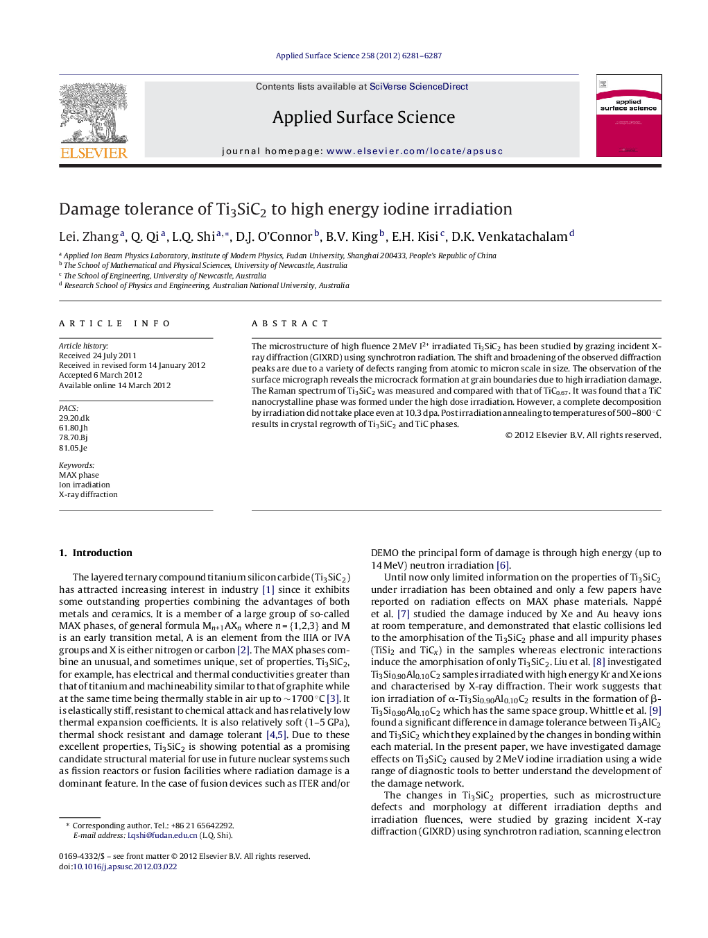 Damage tolerance of Ti3SiC2 to high energy iodine irradiation