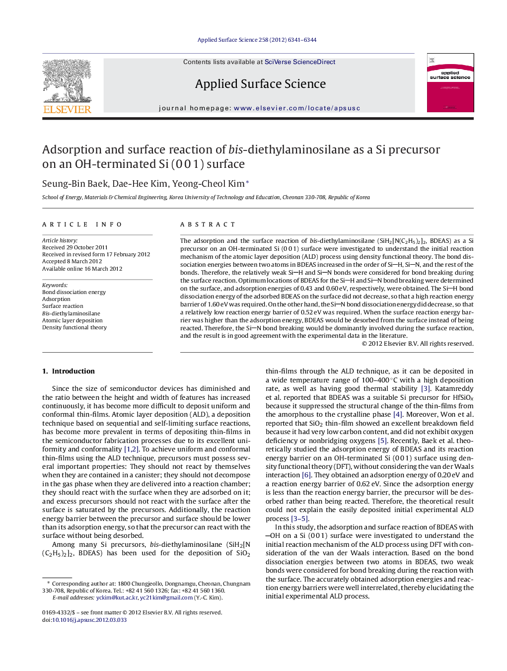 Adsorption and surface reaction of bis-diethylaminosilane as a Si precursor on an OH-terminated Si (0Â 0Â 1) surface