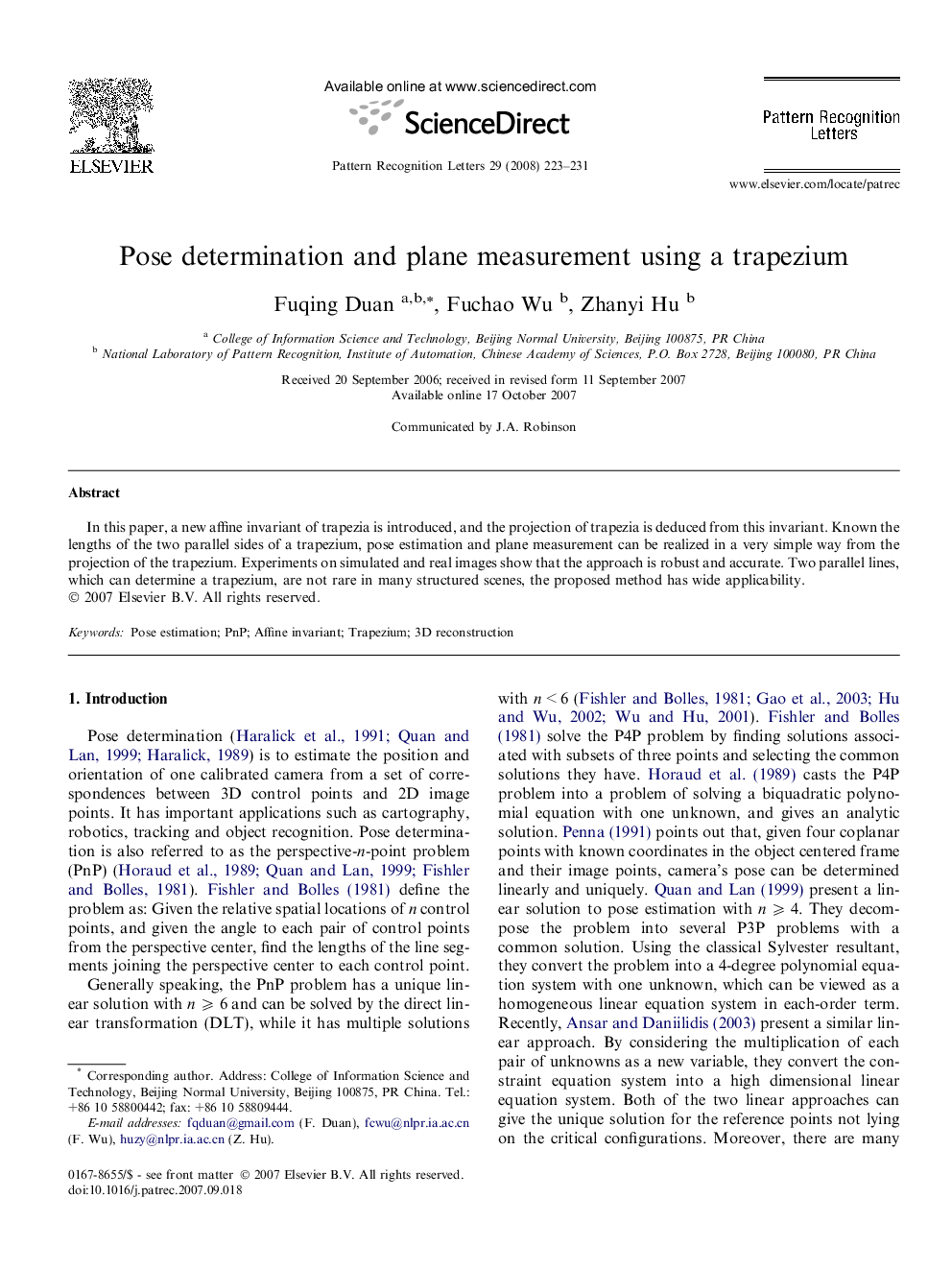 Pose determination and plane measurement using a trapezium