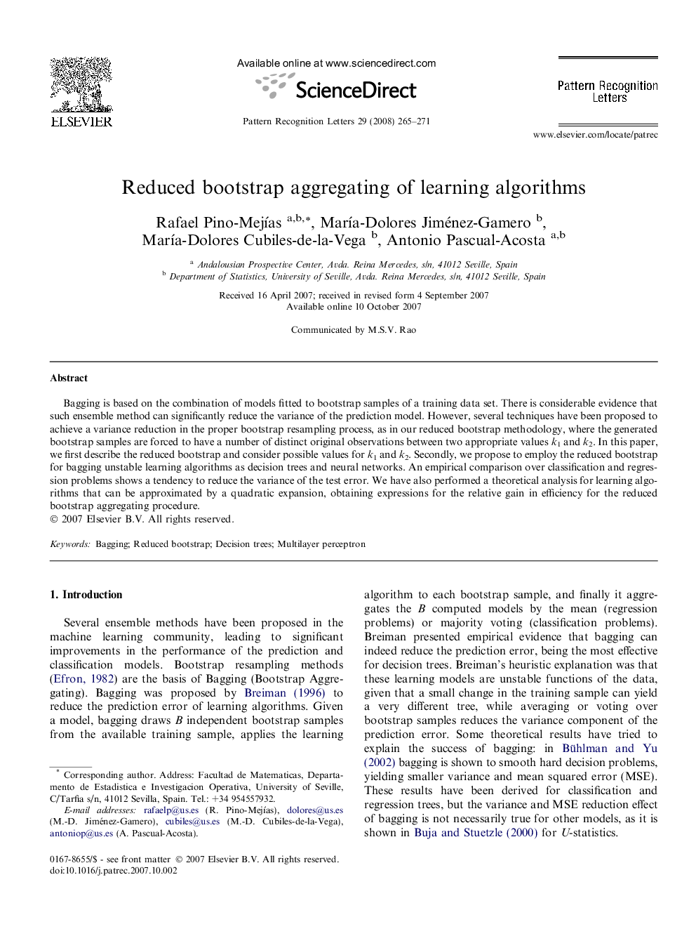 Reduced bootstrap aggregating of learning algorithms