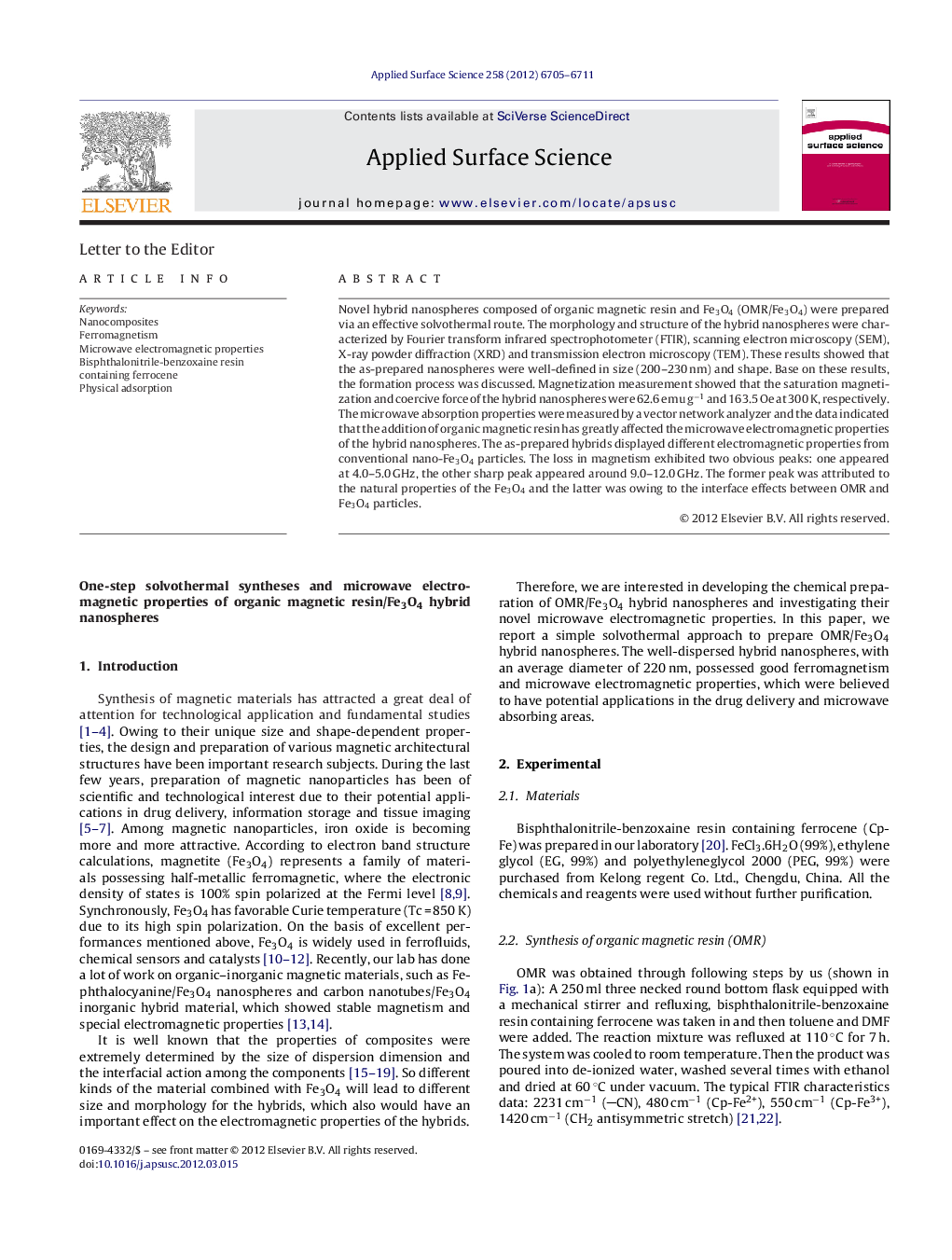 One-step solvothermal syntheses and microwave electromagnetic properties of organic magnetic resin/Fe3O4 hybrid nanospheres