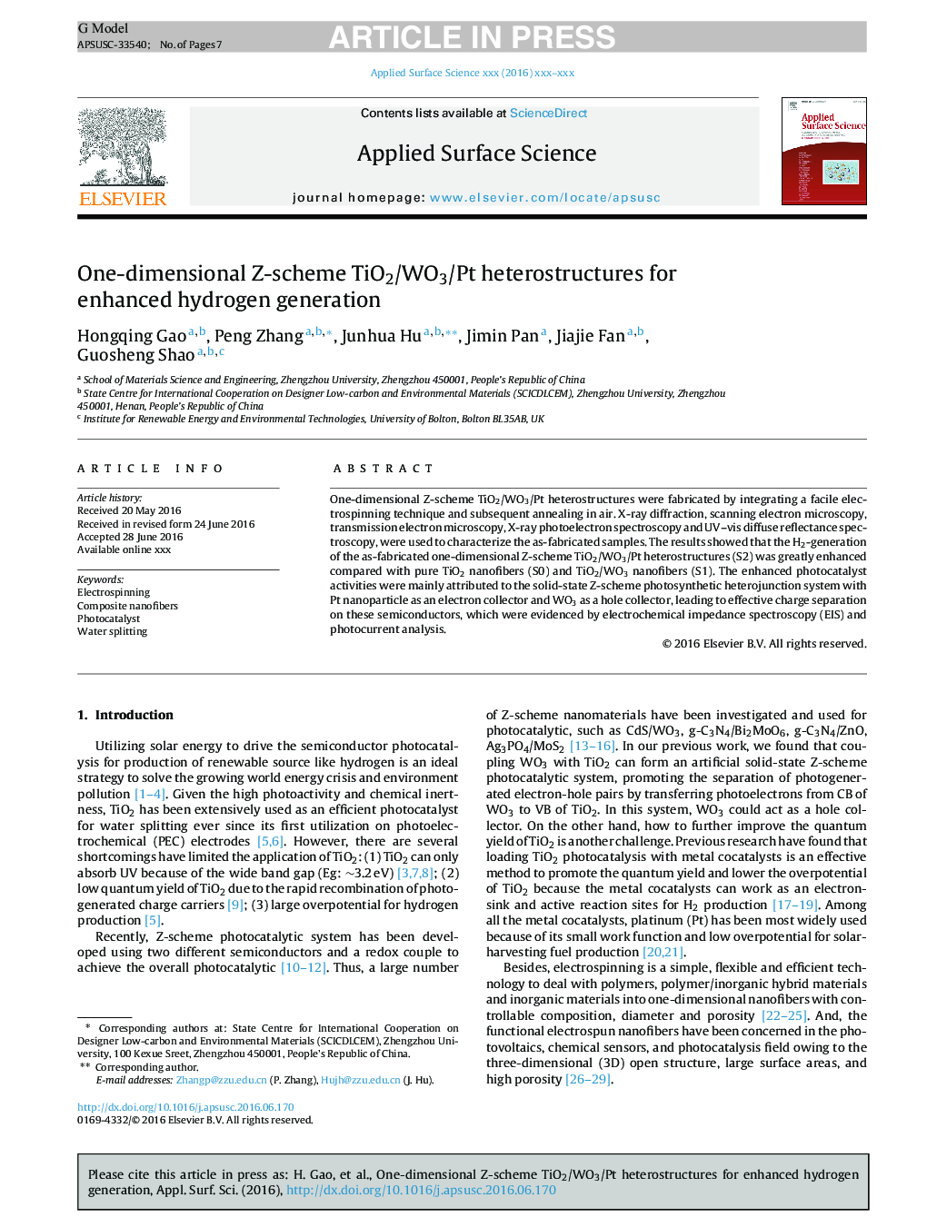 One-dimensional Z-scheme TiO2/WO3/Pt heterostructures for enhanced hydrogen generation