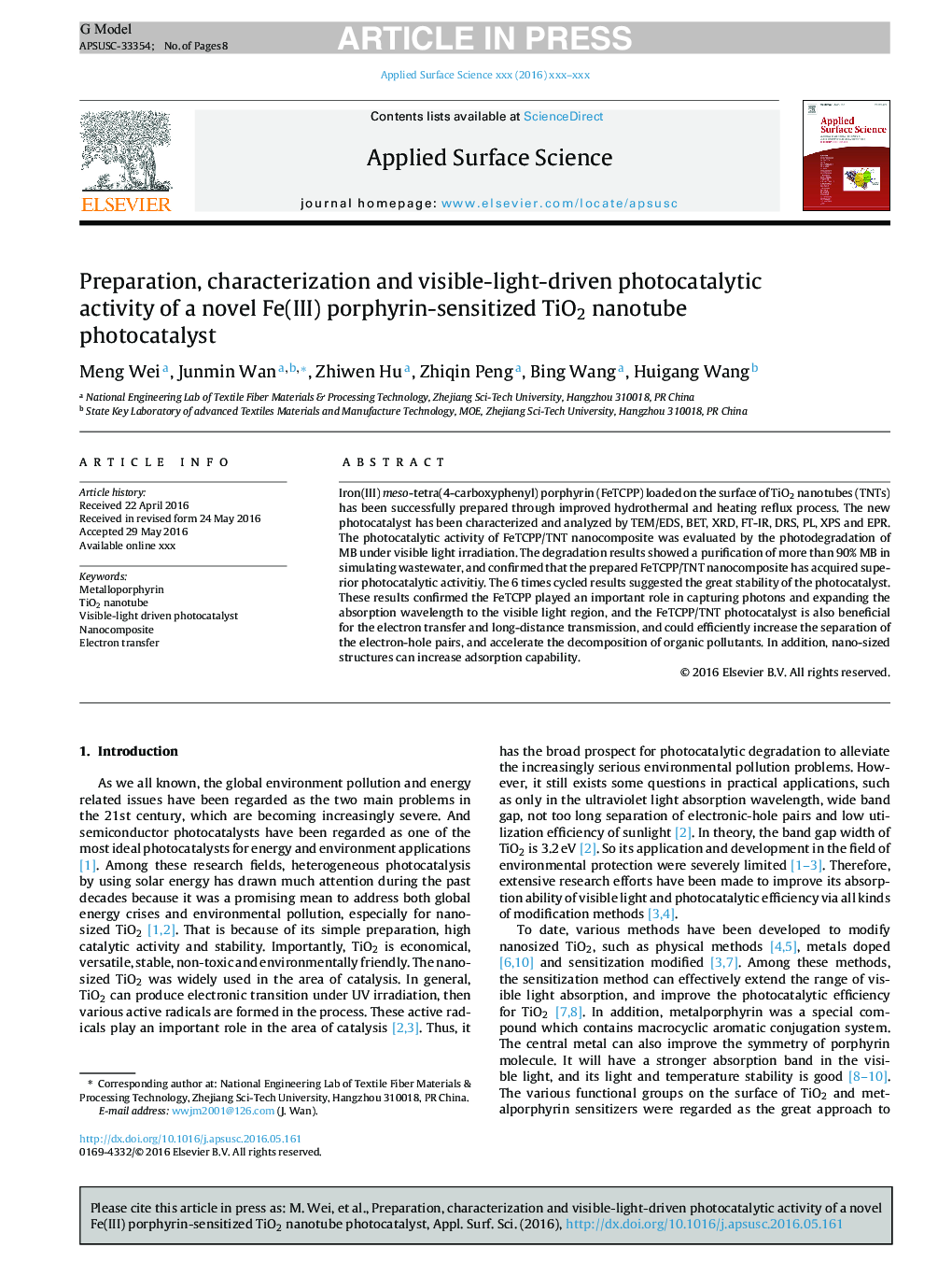 Preparation, characterization and visible-light-driven photocatalytic activity of a novel Fe(III) porphyrin-sensitized TiO2 nanotube photocatalyst