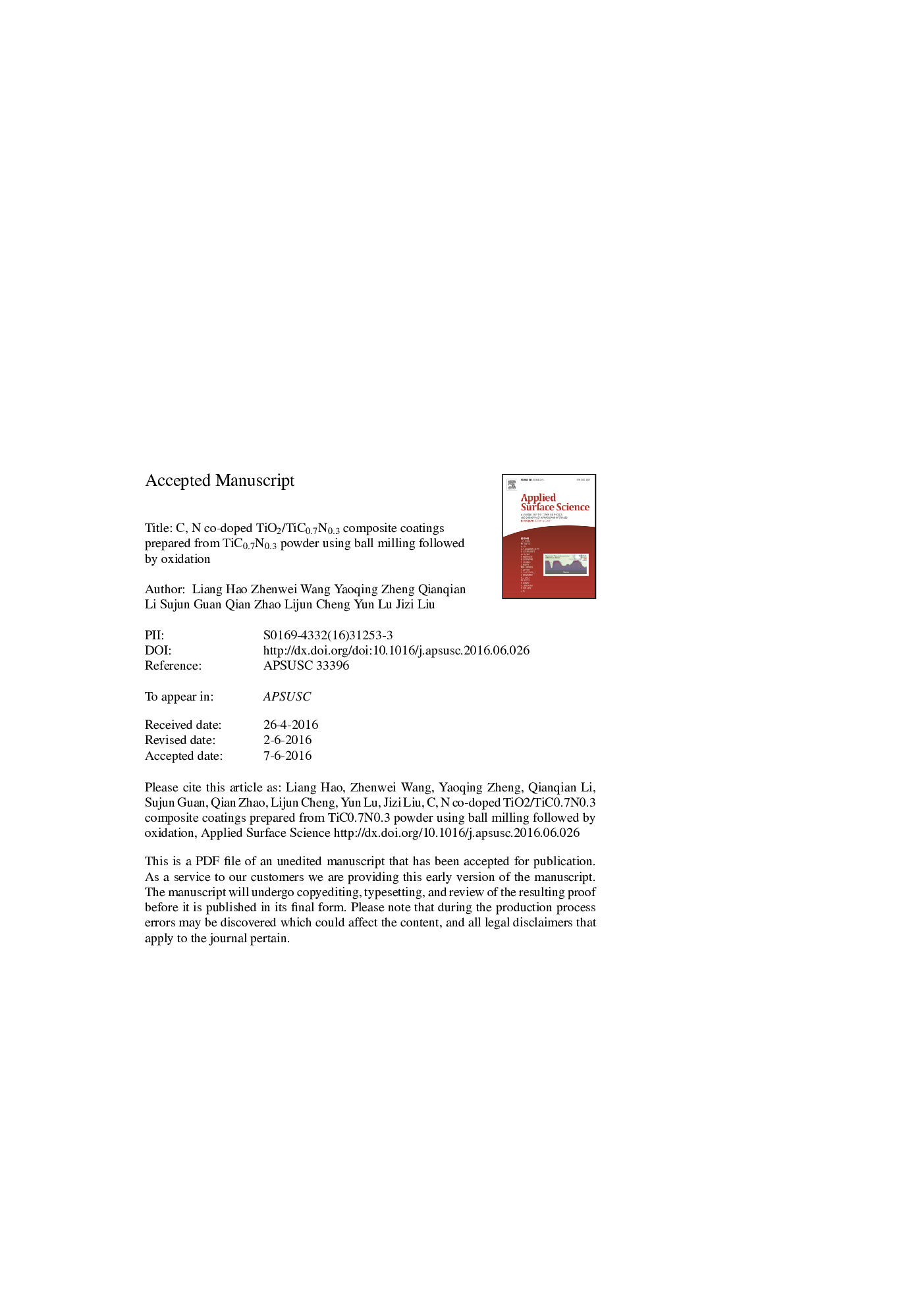 C, N co-doped TiO2/TiC0.7N0.3 composite coatings prepared from TiC0.7N0.3 powder using ball milling followed by oxidation