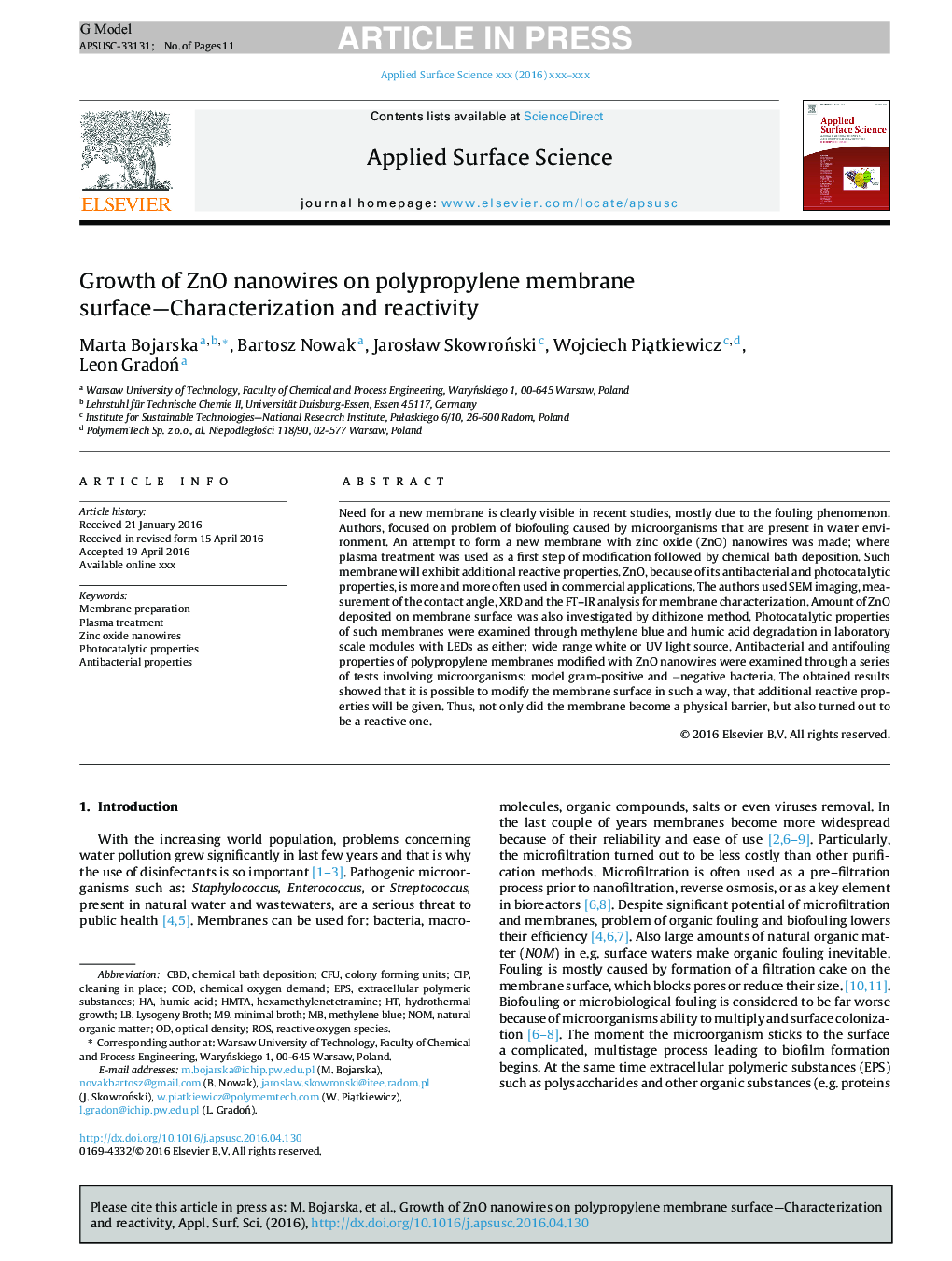 Growth of ZnO nanowires on polypropylene membrane surface-Characterization and reactivity