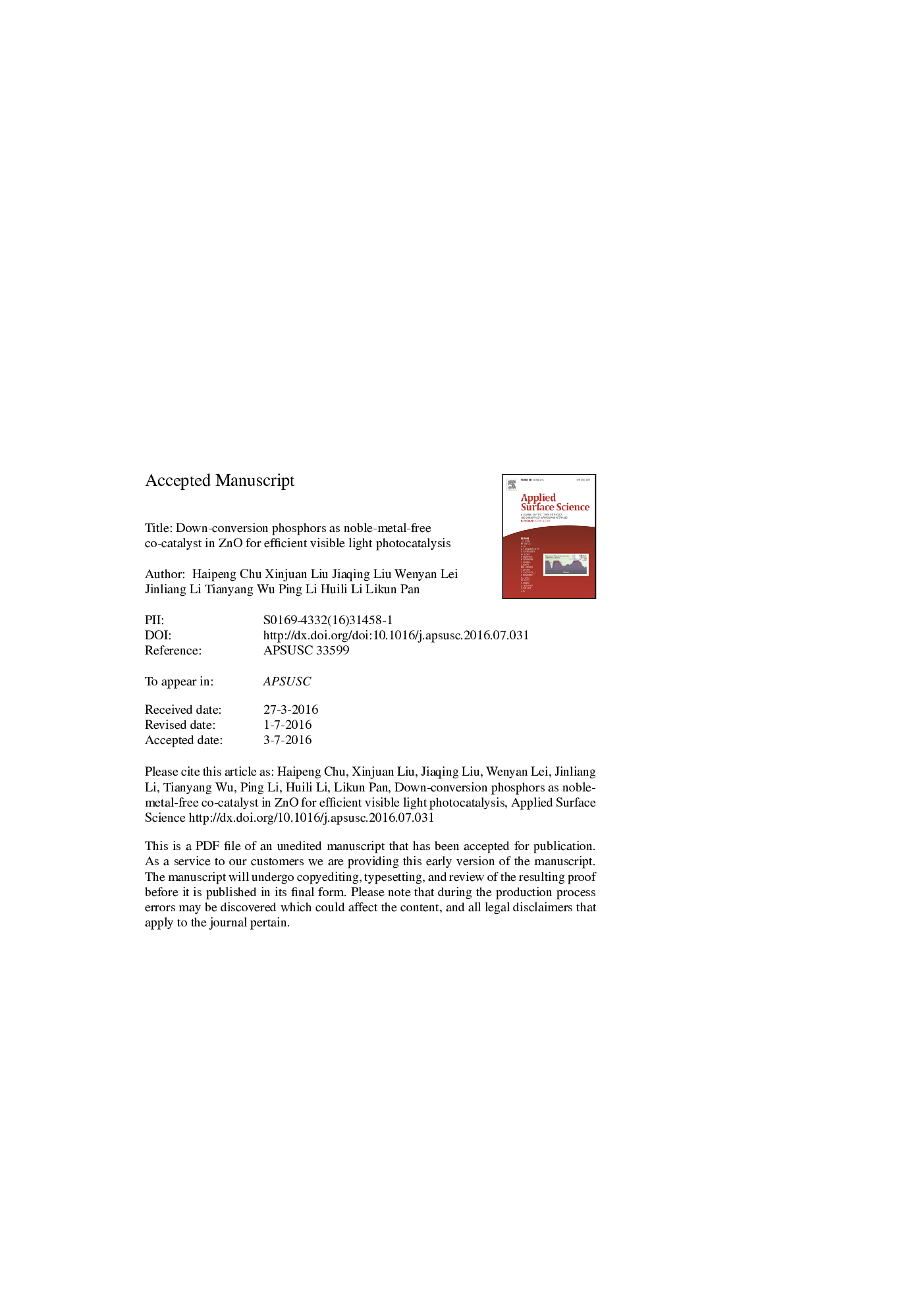 Down-conversion phosphors as noble-metal-free co-catalyst in ZnO for efficient visible light photocatalysis