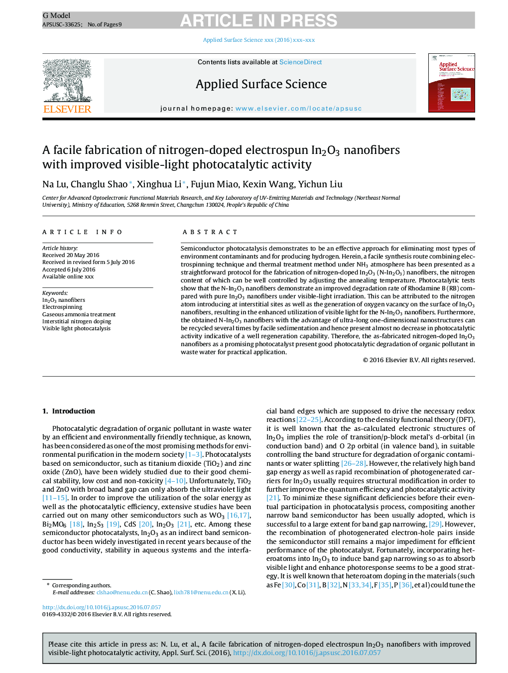 A facile fabrication of nitrogen-doped electrospun In2O3 nanofibers with improved visible-light photocatalytic activity