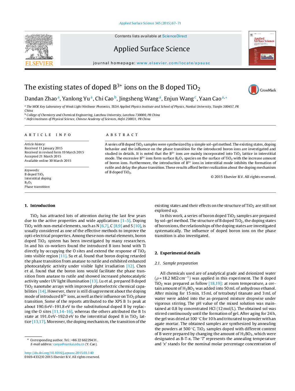 The existing states of doped B3+ ions on the B doped TiO2