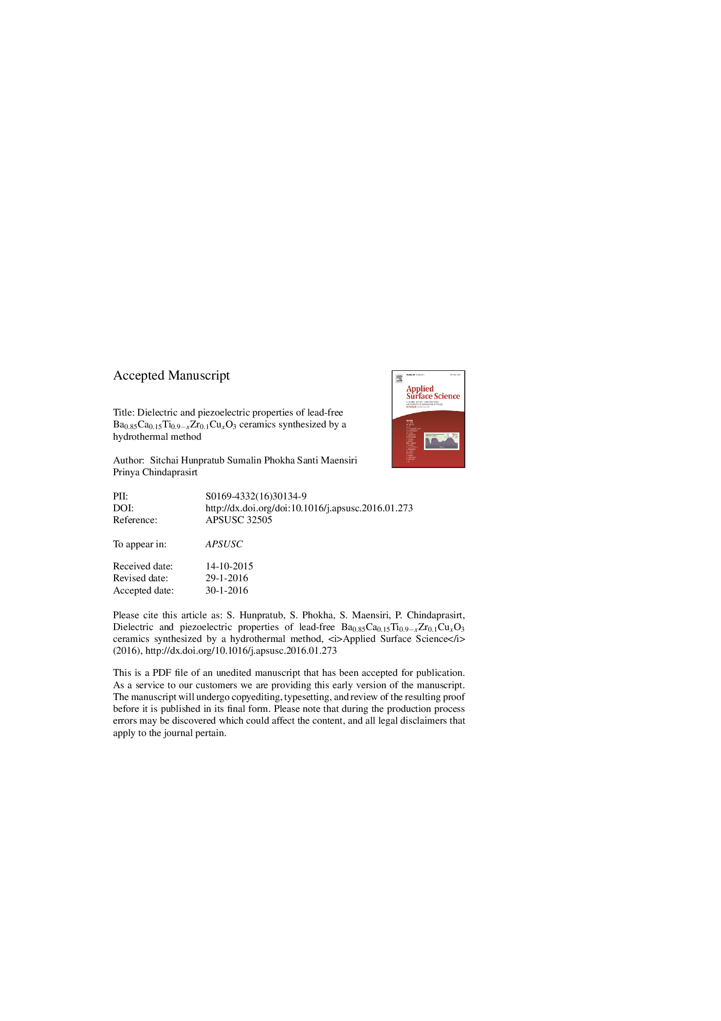 Dielectric and piezoelectric properties of lead-free Ba0.85Ca0.15Ti0.9âxZr0.1CuxO3 ceramics synthesized by a hydrothermal method