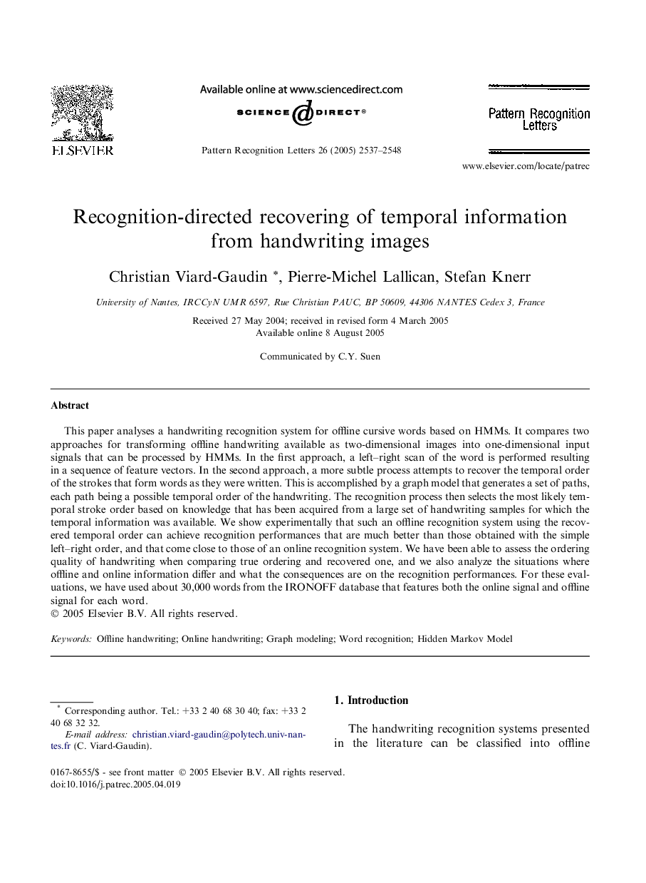 Recognition-directed recovering of temporal information from handwriting images