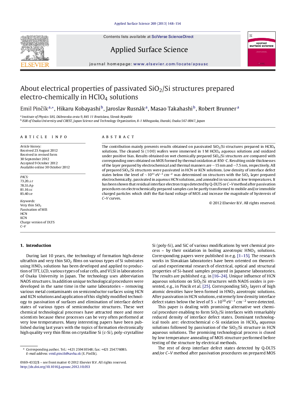 About electrical properties of passivated SiO2/Si structures prepared electro-chemically in HClO4 solutions