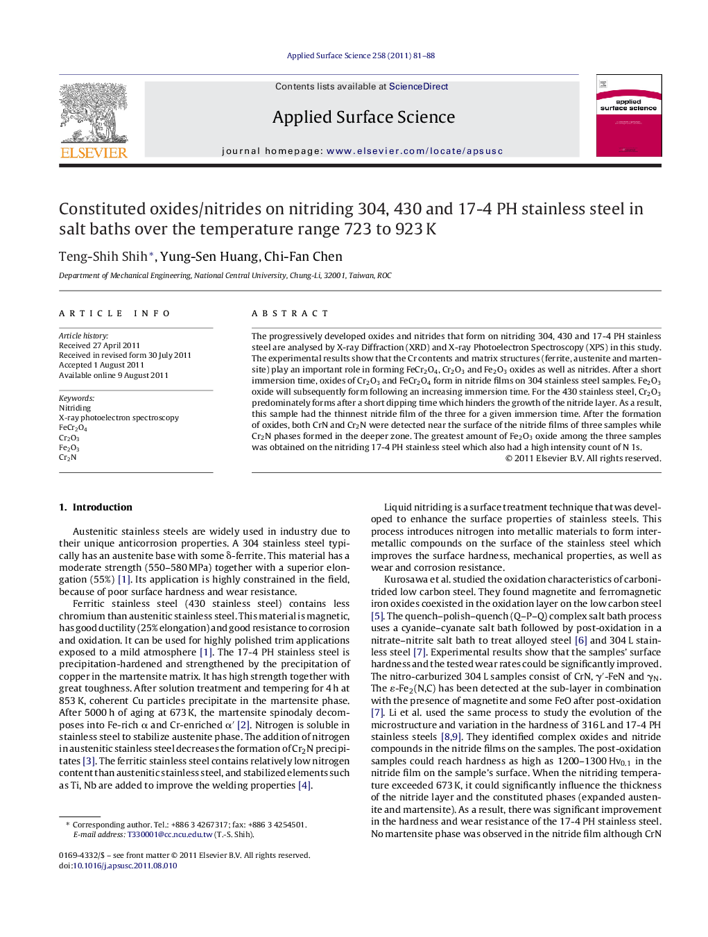 Constituted oxides/nitrides on nitriding 304, 430 and 17-4 PH stainless steel in salt baths over the temperature range 723 to 923Â K