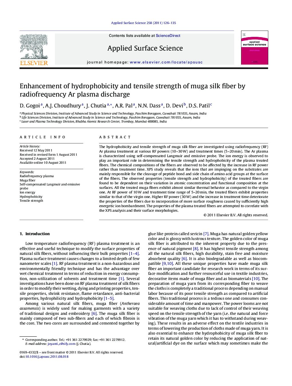 Enhancement of hydrophobicity and tensile strength of muga silk fiber by radiofrequency Ar plasma discharge