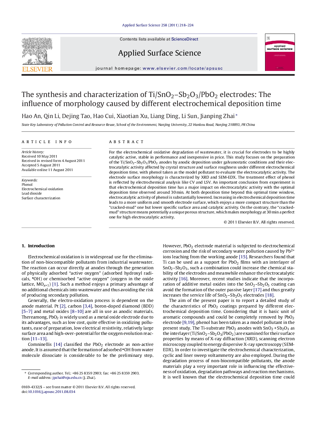 The synthesis and characterization of Ti/SnO2-Sb2O3/PbO2 electrodes: The influence of morphology caused by different electrochemical deposition time