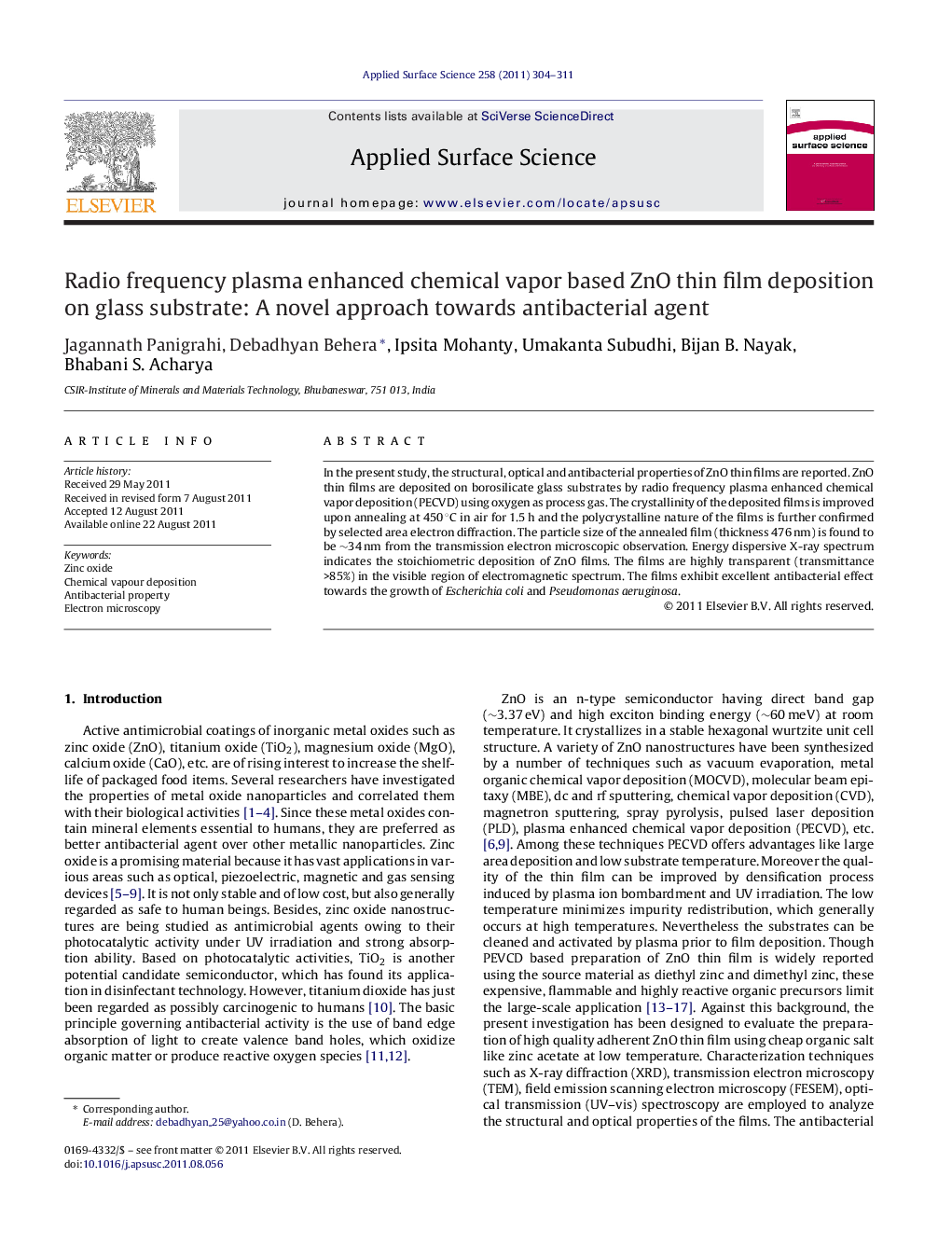 Radio frequency plasma enhanced chemical vapor based ZnO thin film deposition on glass substrate: A novel approach towards antibacterial agent