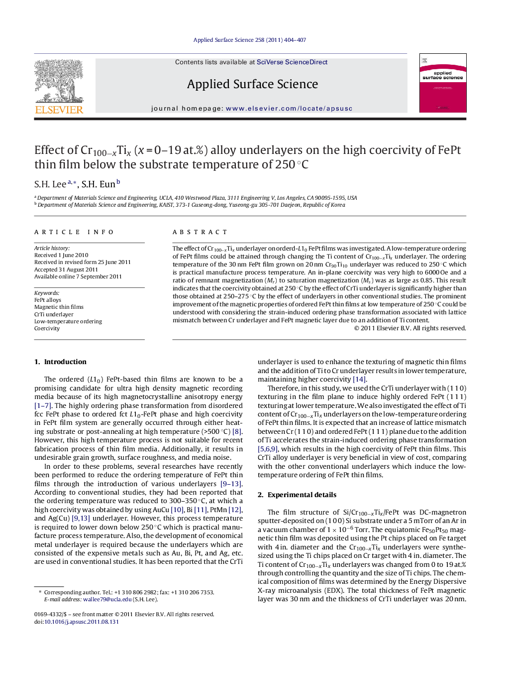 Effect of Cr100âxTix (xÂ =Â 0-19Â at.%) alloy underlayers on the high coercivity of FePt thin film below the substrate temperature of 250Â Â°C