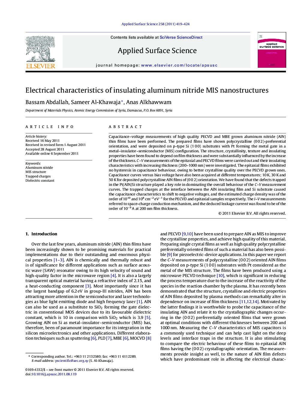 Electrical characteristics of insulating aluminum nitride MIS nanostructures