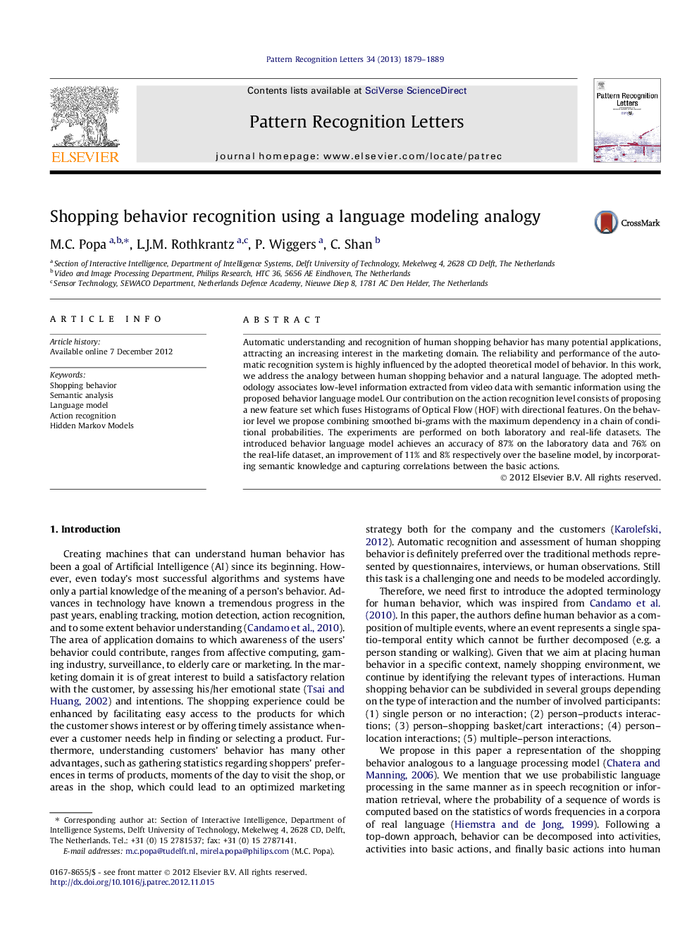 Shopping behavior recognition using a language modeling analogy