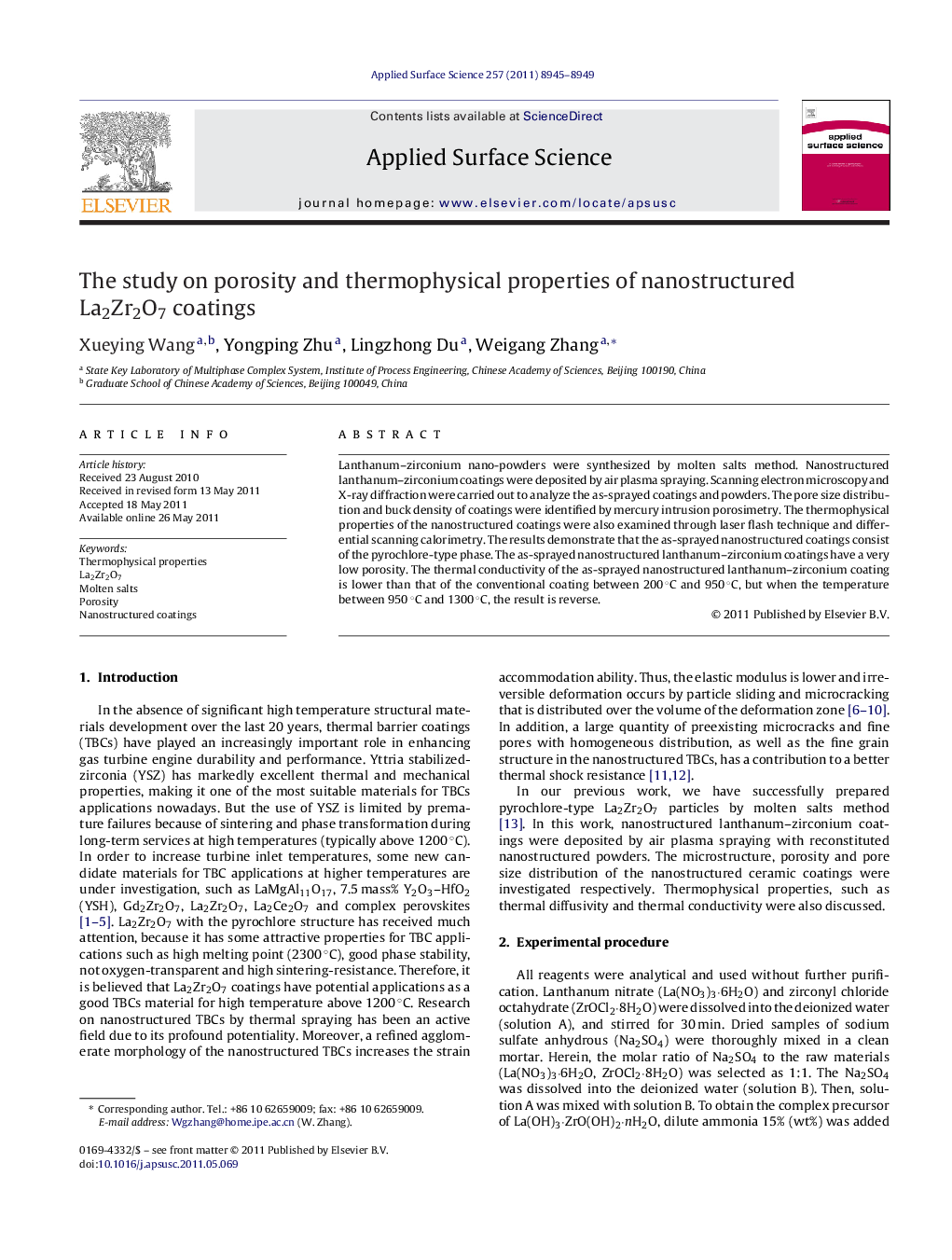 عکس صفحه اول مقاله: The study on porosity and thermophysical properties of nanostructured La2Zr2O7 coatings The study on porosity and thermophysical properties of nanostructured La2Zr2O7 coatings