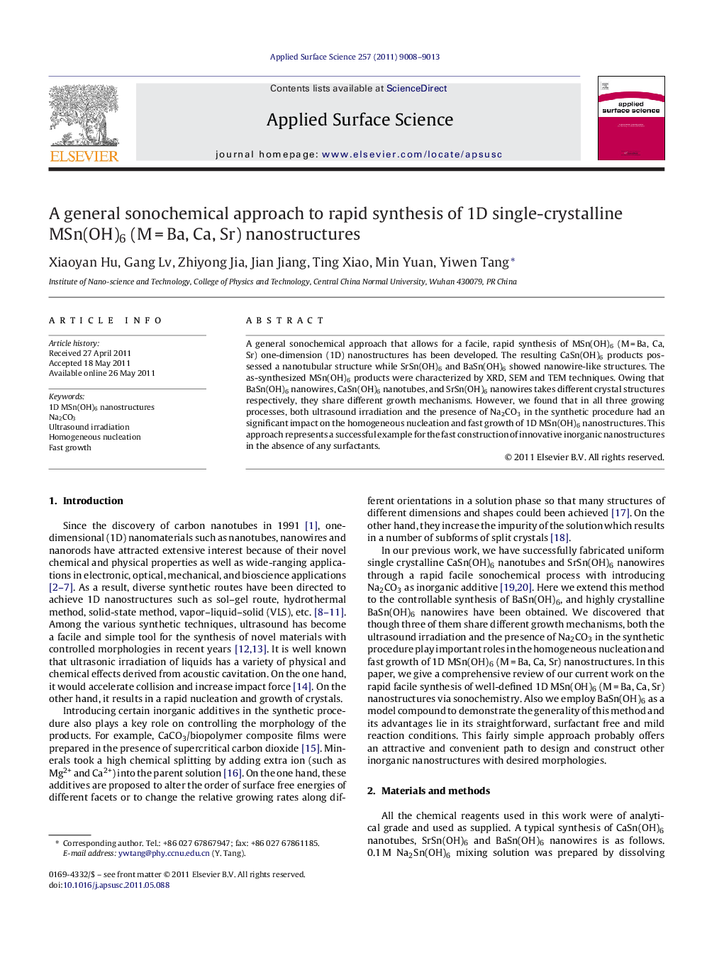 A general sonochemical approach to rapid synthesis of 1D single-crystalline MSn(OH)6 (MÂ =Â Ba, Ca, Sr) nanostructures