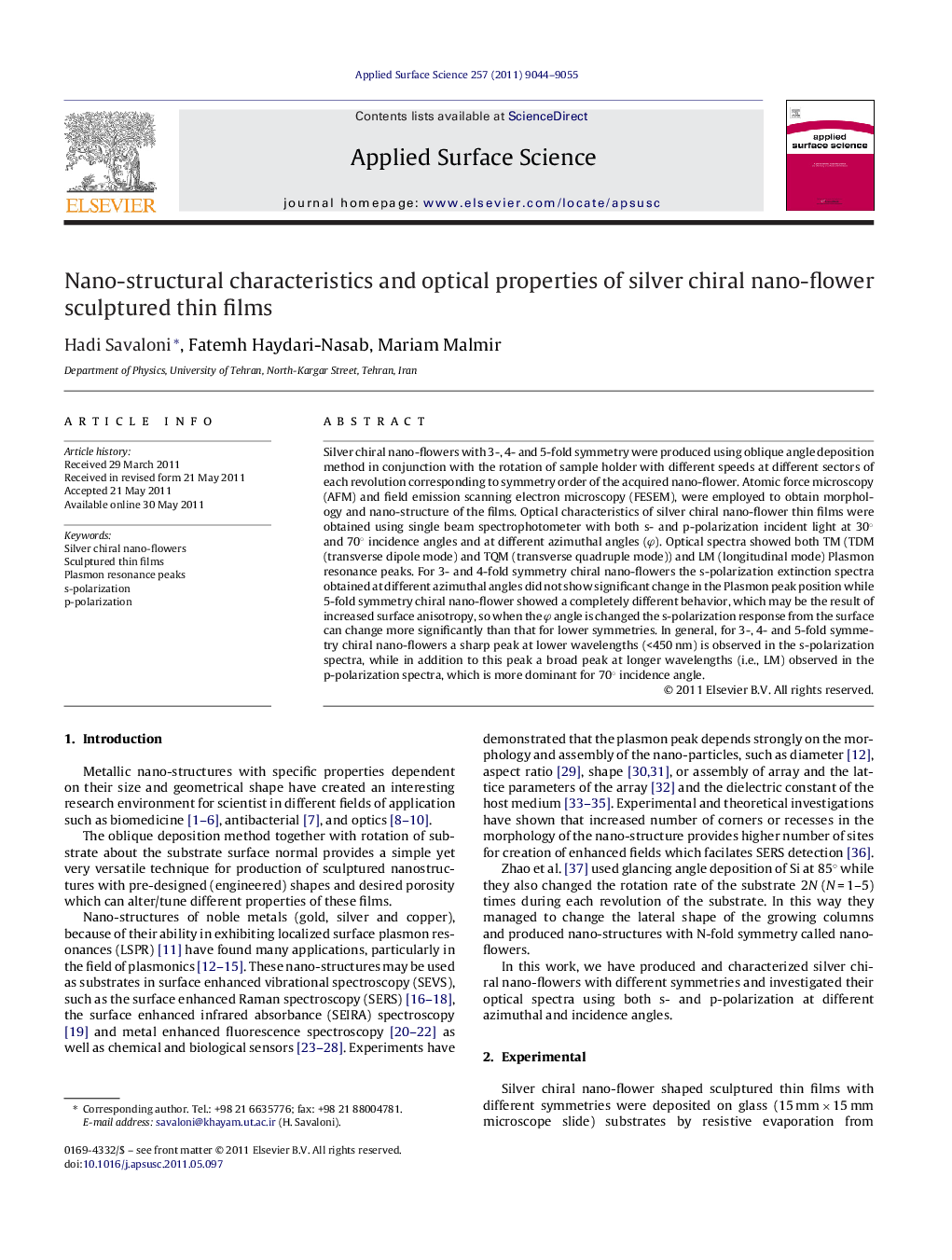 عکس صفحه اول مقاله: Nano-structural characteristics and optical properties of silver chiral nano-flower sculptured thin films Nano-structural characteristics and optical properties of silver chiral nano-flower sculptured thin films