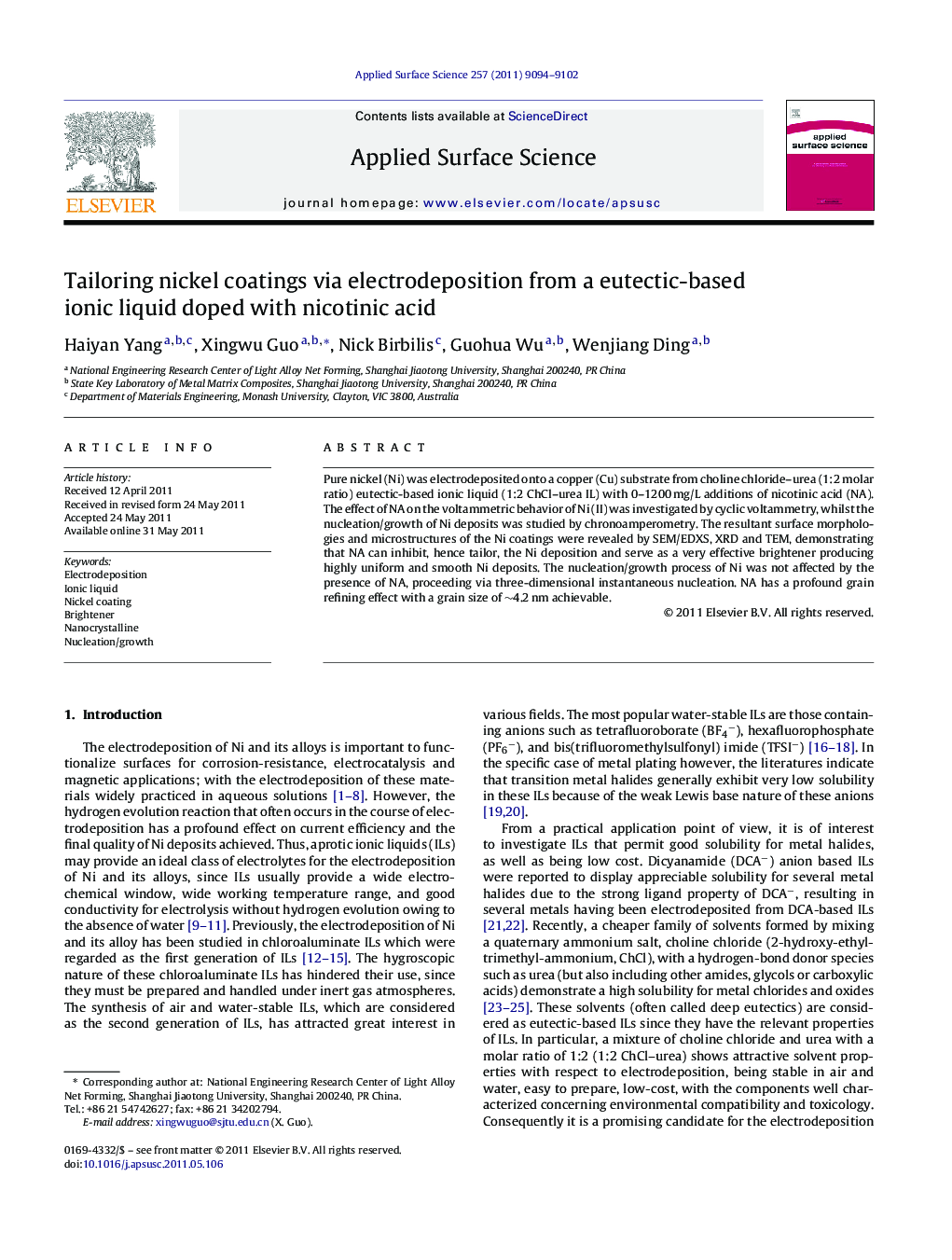 Tailoring nickel coatings via electrodeposition from a eutectic-based ionic liquid doped with nicotinic acid